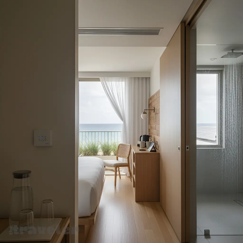 Energy-efficient Miami hotel room at sunrise with refill carafe, smart thermostat, low-flow shower, native plants, and ocean view.