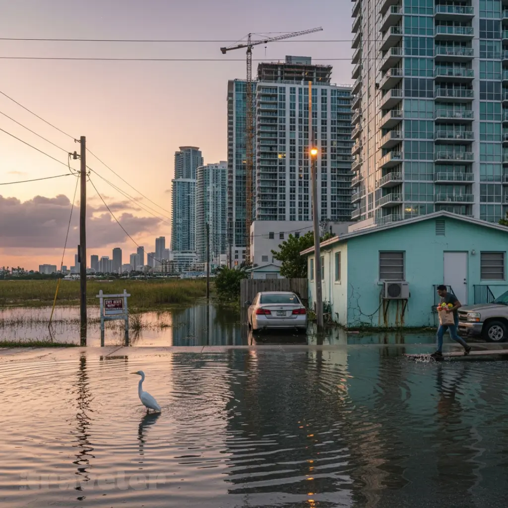 Floodwater reflects Miami’s luxury condos behind modest homes as residents wade through puddles at sunset, symbolizing rising costs.