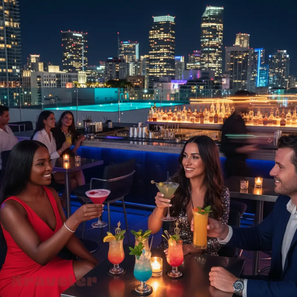 Friends enjoy cocktails at a Miami rooftop bar with Brickell skyline glowing behind them on a warm night