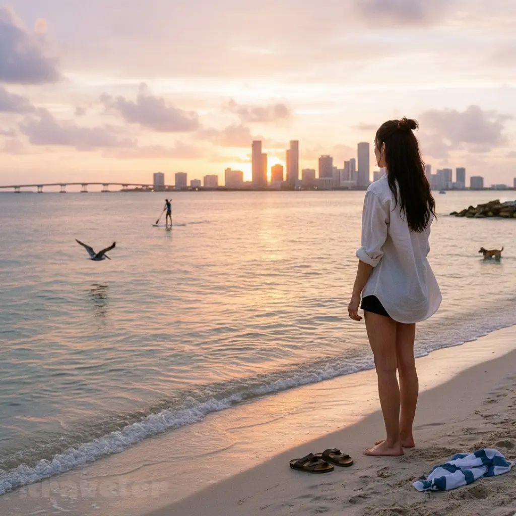 Hobie Beach at sunset, watching Miami’s skyline glow