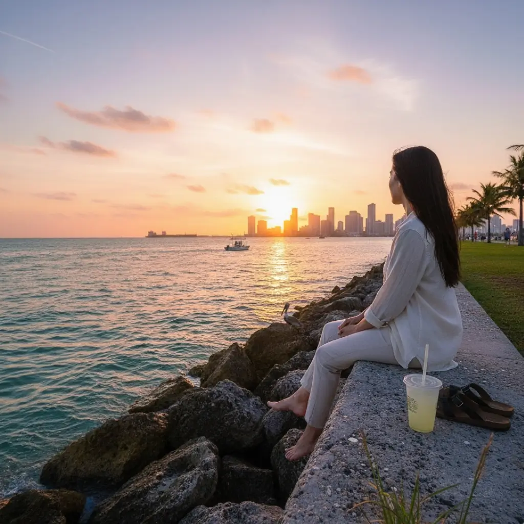 South Pointe seawall at sunset, golden light reflecting off water and rocks as Miami’s skyline glows in the distance.