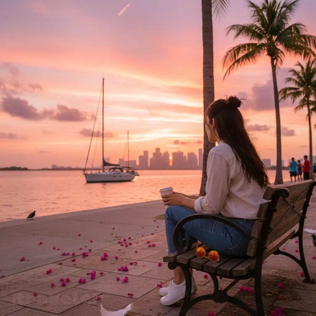 Sunset Harbour as golden light fades across Biscayne Bay, sailboats glowing and Miami’s skyline reflected in calm water.