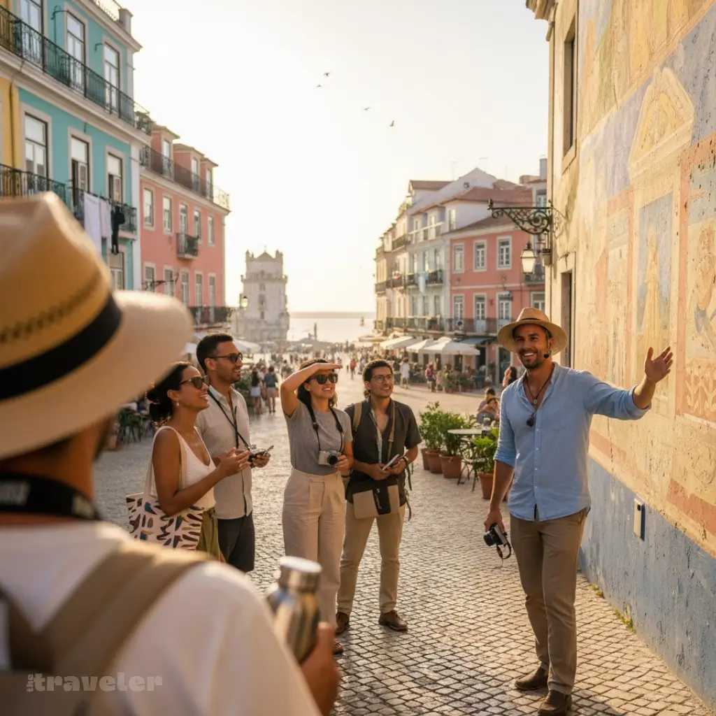 Local guide gestures toward a colorful mural as travelers listen and smile on a sunlit historic street filled with life and culture.