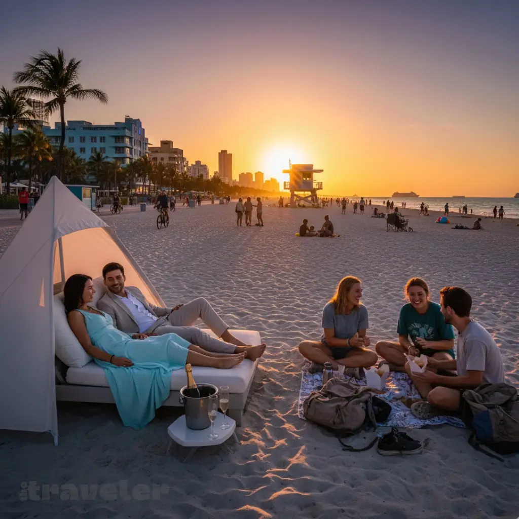 Luxury travelers on loungers and budget backpackers on towels share Miami Beach at sunset with skyline and ocean in view