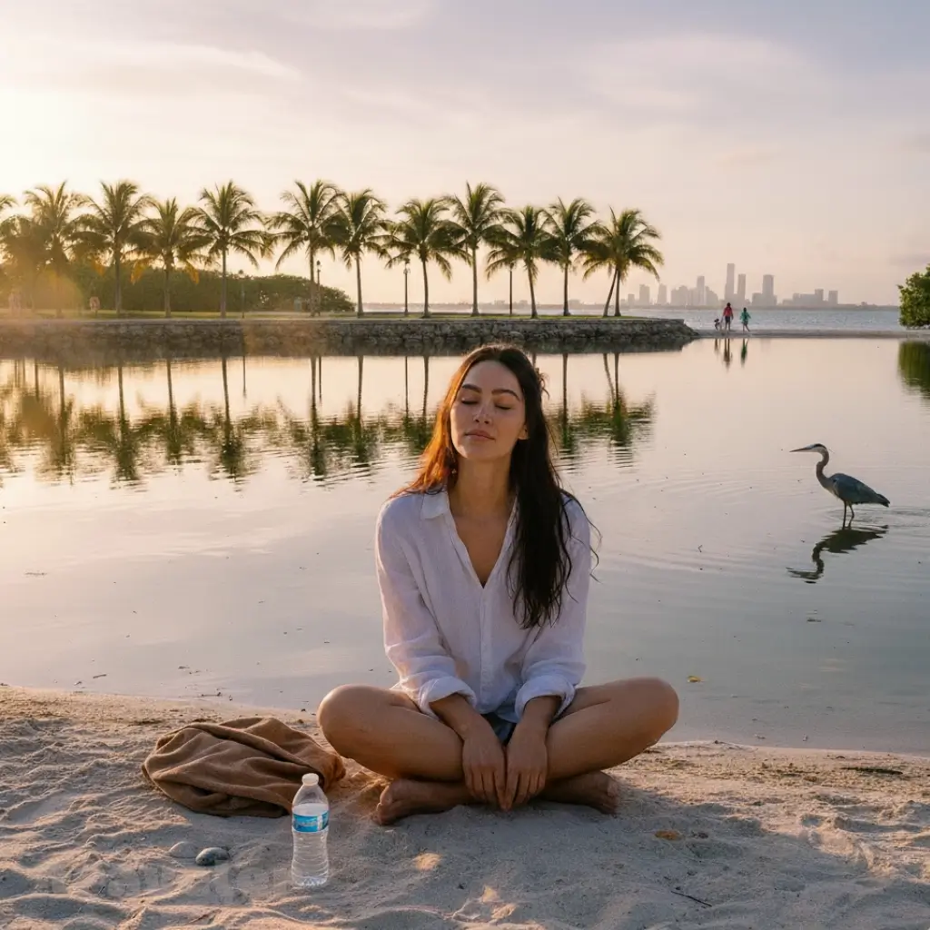 Matheson Hammock lagoon at sunset, calm water reflecting rose and amber light through the humid Miami air.