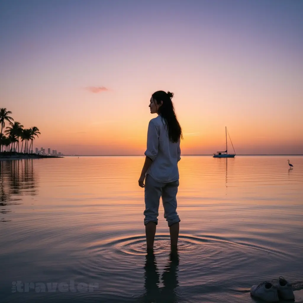 Miami’s bay at dusk, watching the sky fade from rose to violet as reflections ripple across calm water.