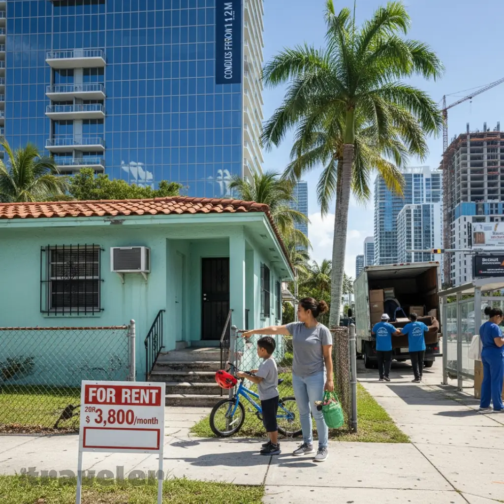 Miami family walks past rental sign in front of duplex with luxury condos rising in background