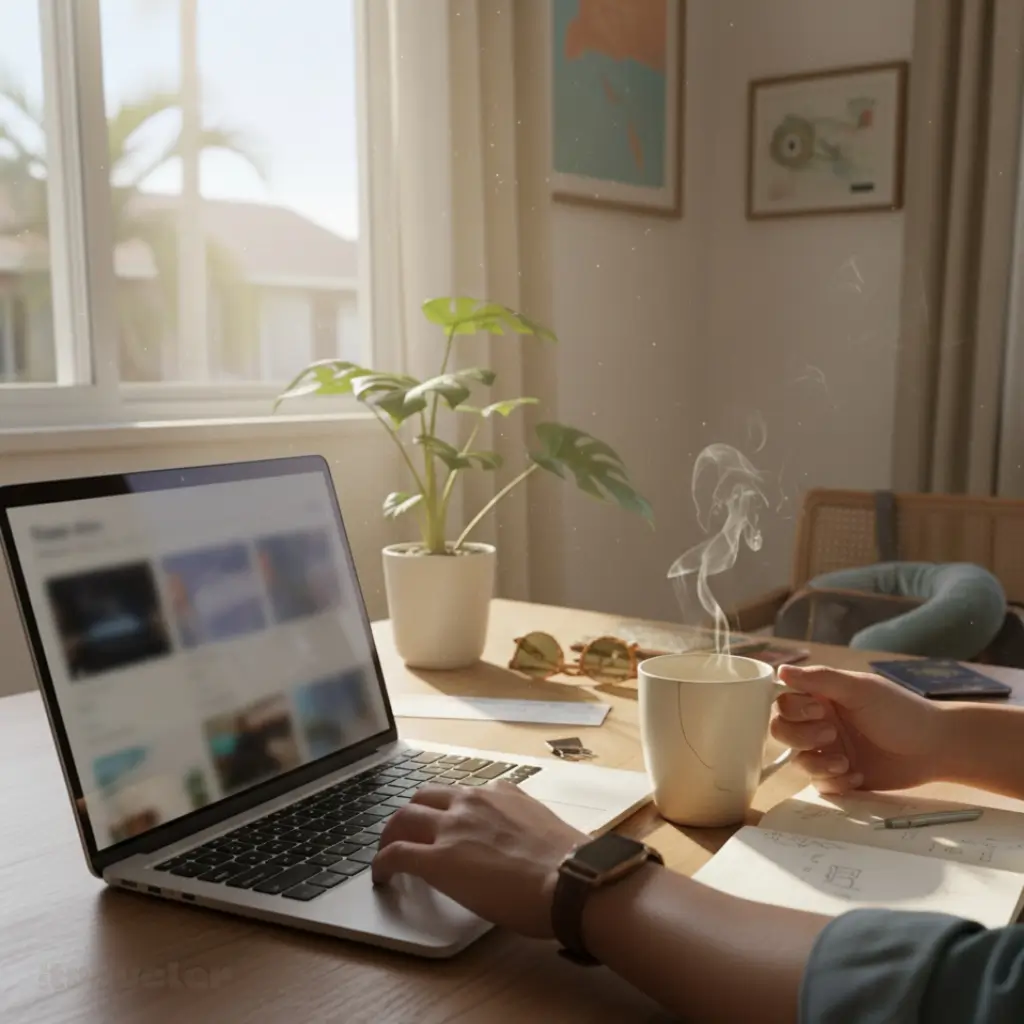 Morning sunlight streams onto a traveler’s desk with coffee, laptop, and open notebook while planning future tours.