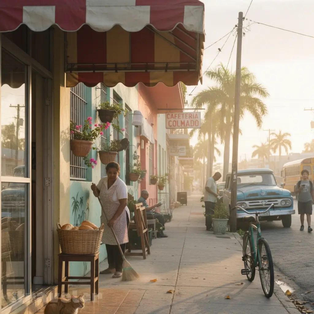 Morning sunlight warms a quiet Little Havana street as locals open shops, sweep sidewalks, and sip coffee before tourists arrive.