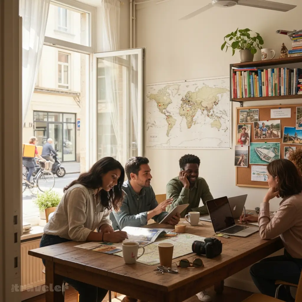 Multicultural team reviews maps and photos in a sun-lit travel office