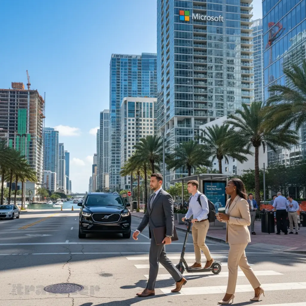 Professionals crossing Brickell Avenue in Miami with skyscrapers and corporate logos in background