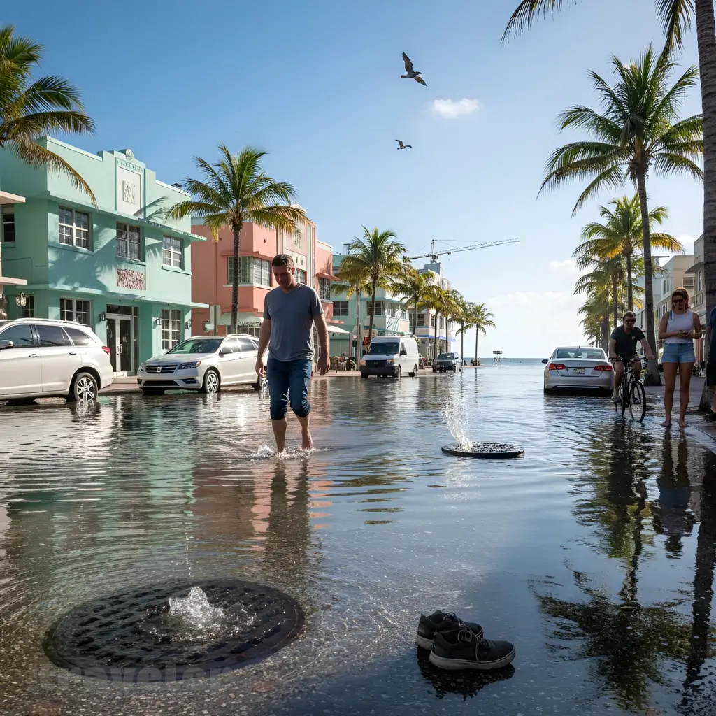 Saltwater from king tide floods a sunny Miami Beach street as residents wade through ankle-deep water near pastel Art Deco buildings.