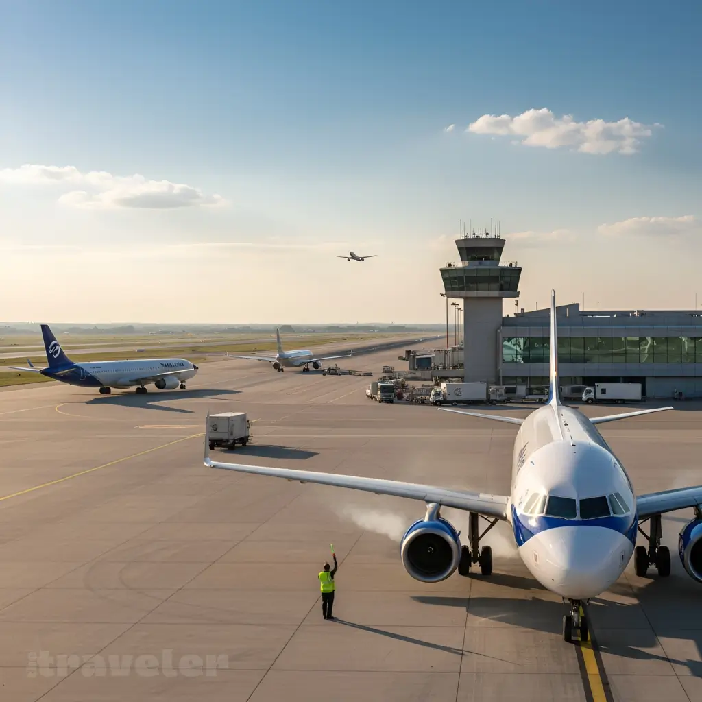 Several aircraft queue on a European airport taxiway in summer sunlight, showing busy air traffic operations.