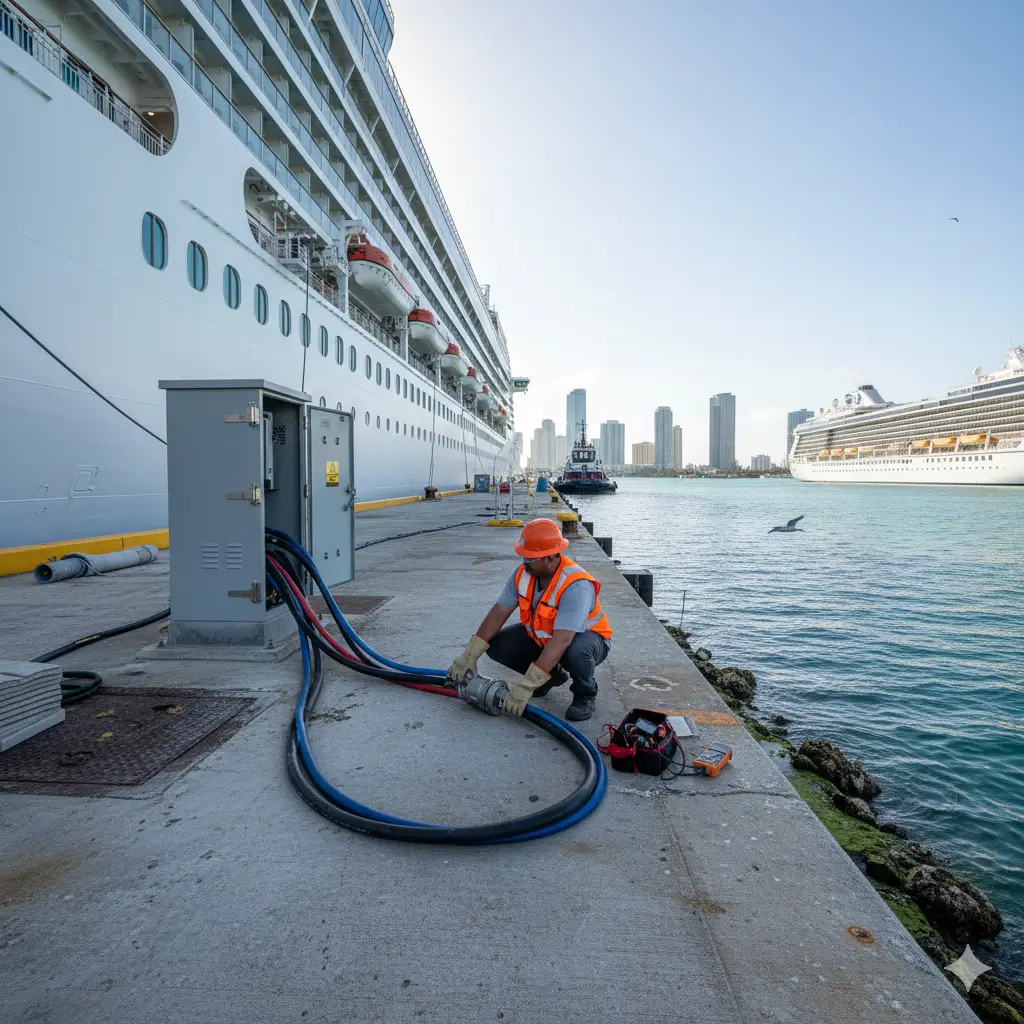 Cruise ship at PortMiami while another ship idles in the distance, with Miami skyline beyond.