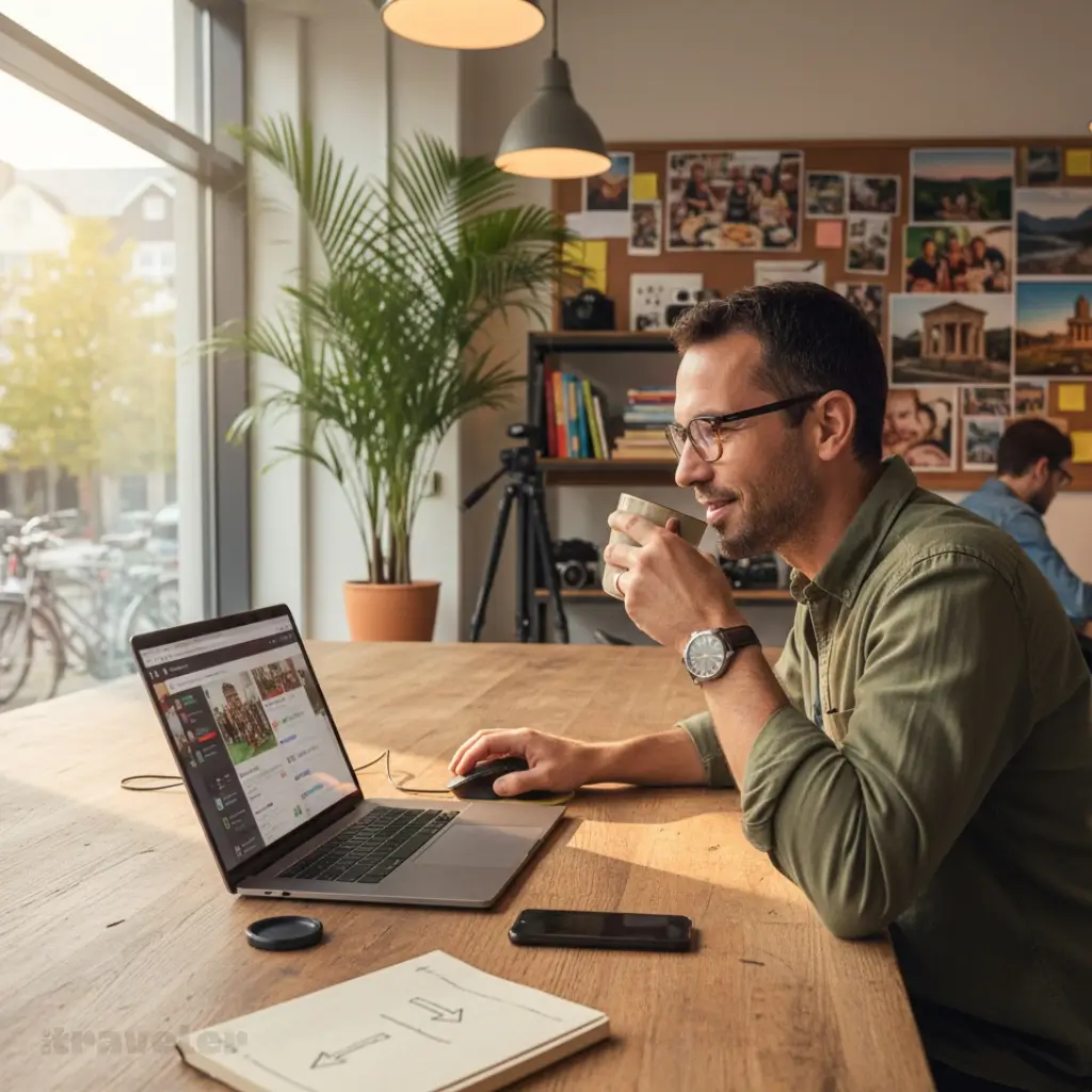 Small tour operator working at laptop in sunlit office, preparing a GetYourGuide listing