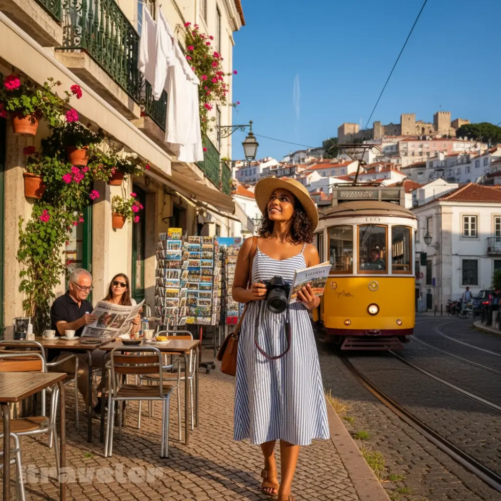 Solo traveler in Lisbon with camera and guidebook as tram passes in summer 2025