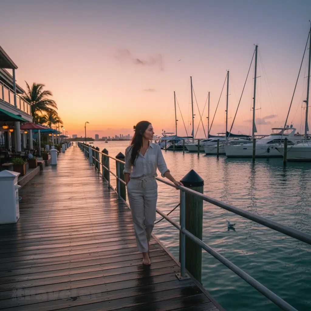 Sunset Harbour Marina at dusk, yachts glowing in golden light as calm water mirrors Miami’s fading sunset.