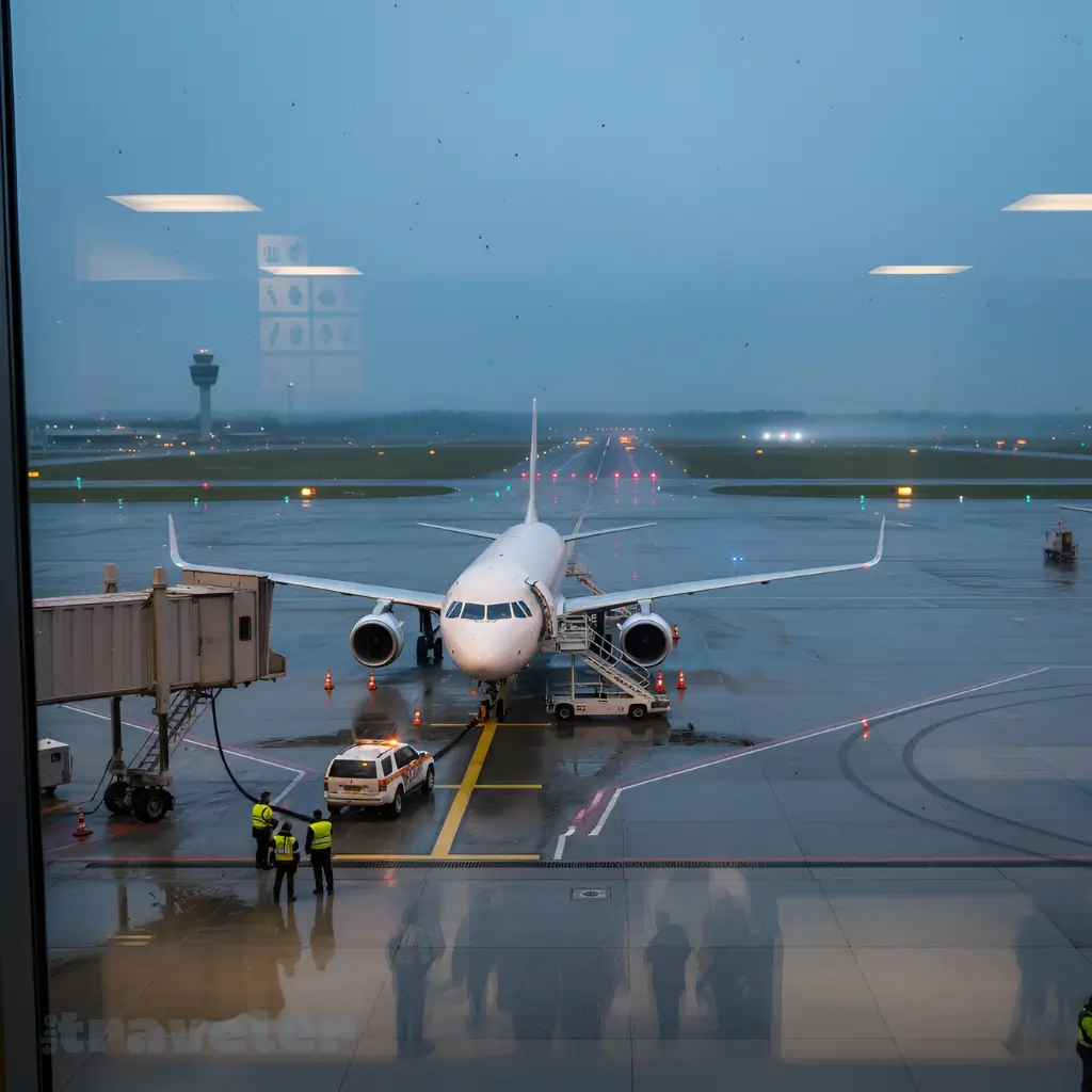 Terminal view of a paused European airport at twilight with stop bars lit, perimeter sweeps in progress, and a parked jet at the stand.