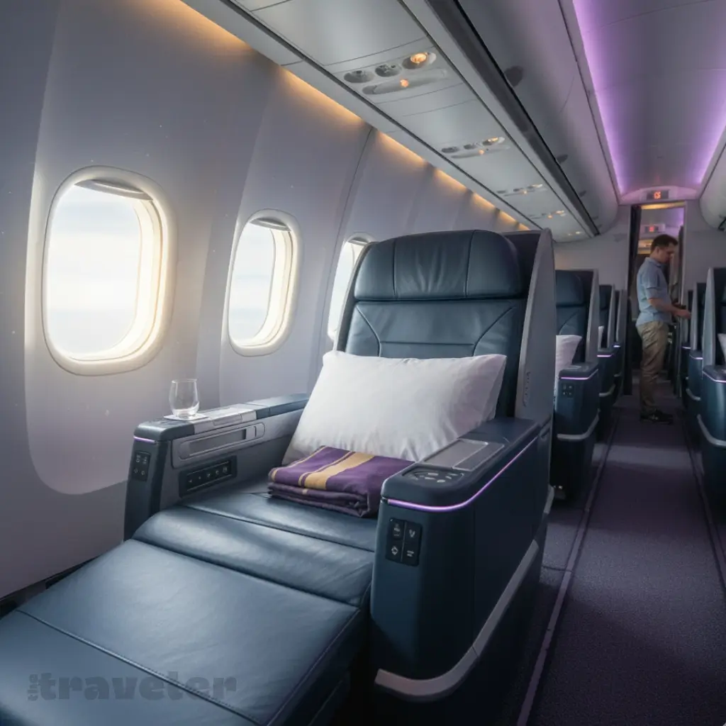 Thai Airways A330 Premium Economy Plus lie-flat herringbone seat in daylight, photographed from aisle perspective.
