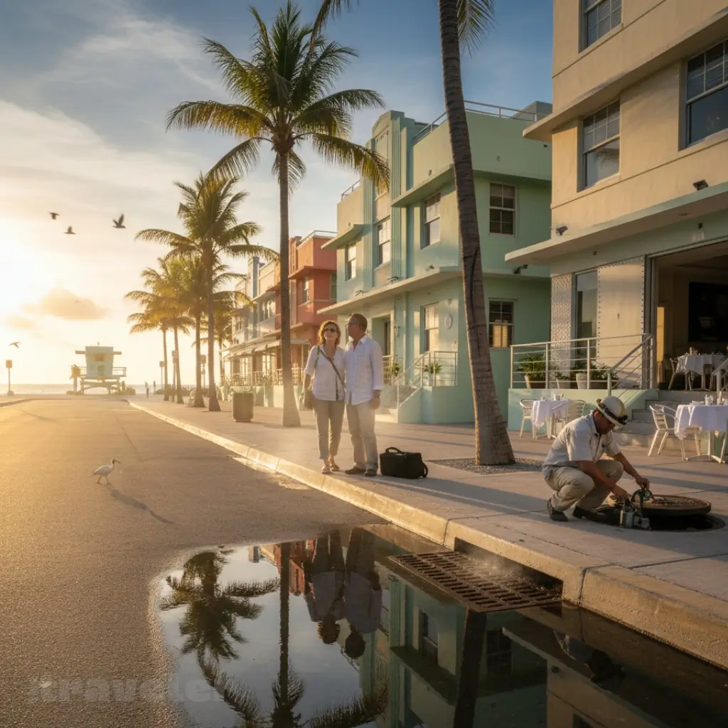 Tourists walk past elevated Art Deco hotels on a sunlit Miami Beach street rebuilt to resist rising seas and preserve its beauty.