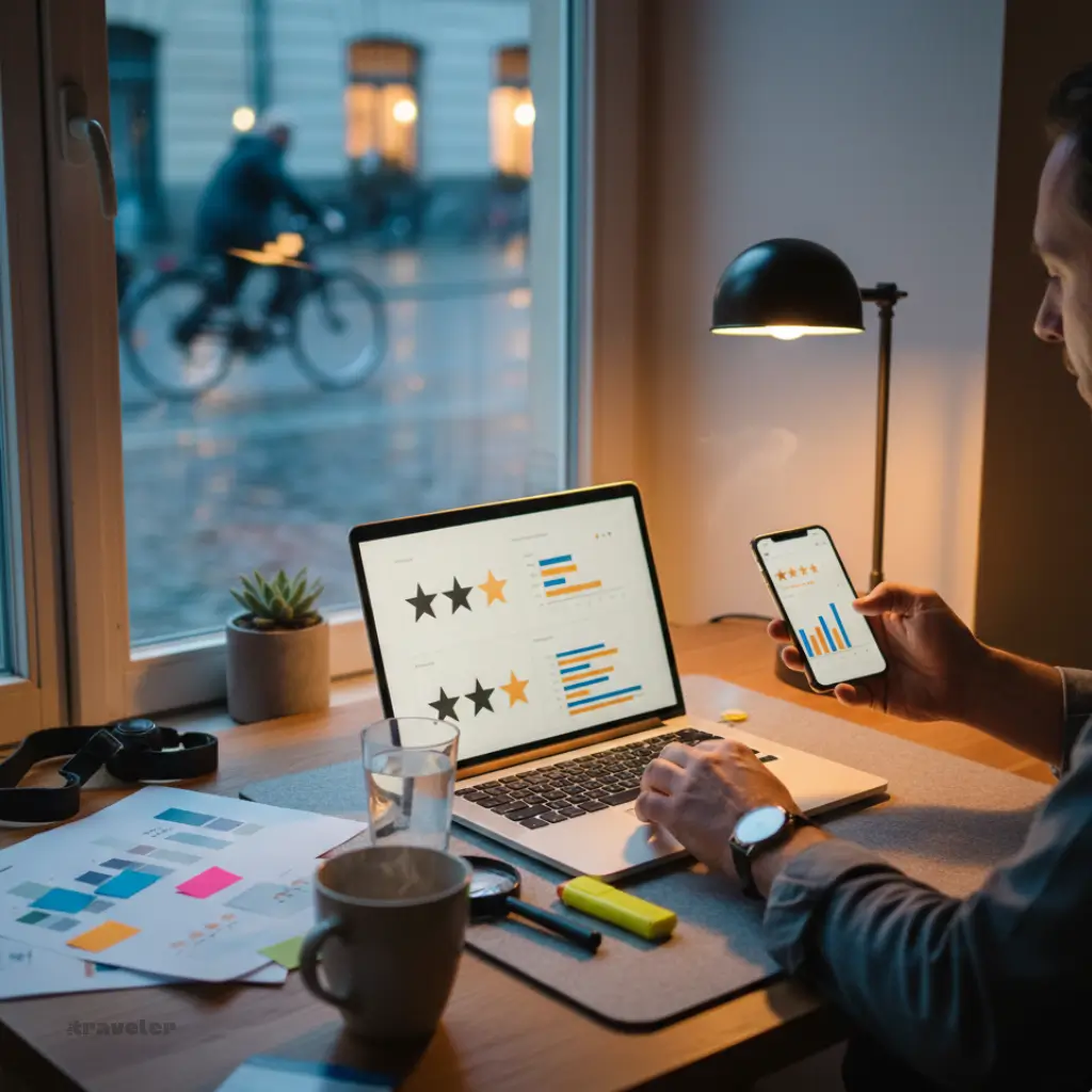 Traveler analyzes abstract star ratings on laptop and phone at a warm desk by a rainlit window, weighing tour reviews carefully.