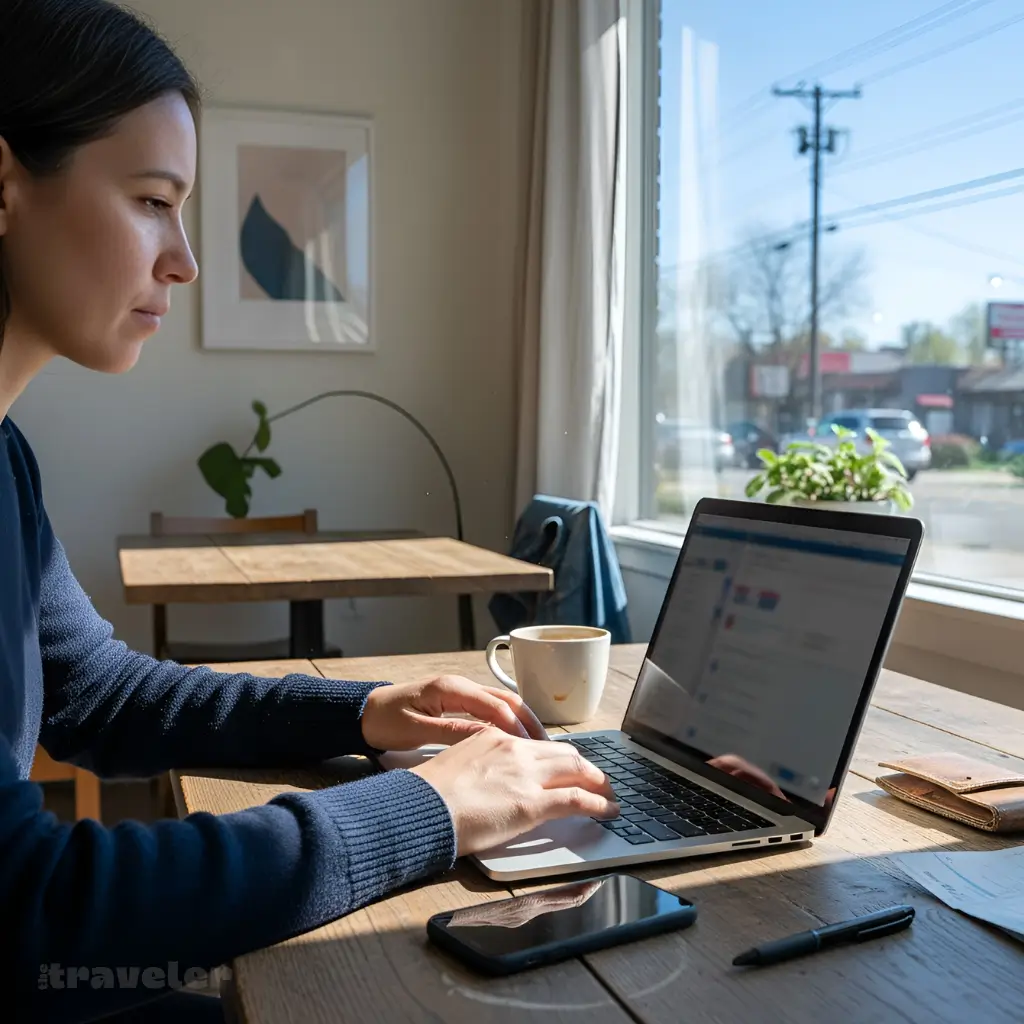 Traveler in morning light checks a booking and refund details on a laptop beside a coffee mug at a wooden table.
