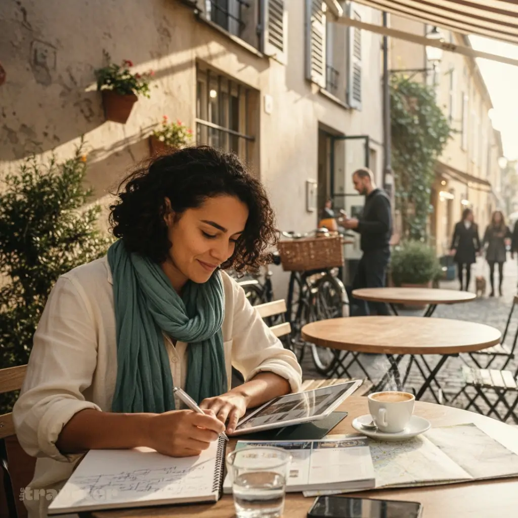 Traveler reviews tour options on GetYourGuide at a sunlit café terrace, coffee and map beside, planning next trip thoughtfully.