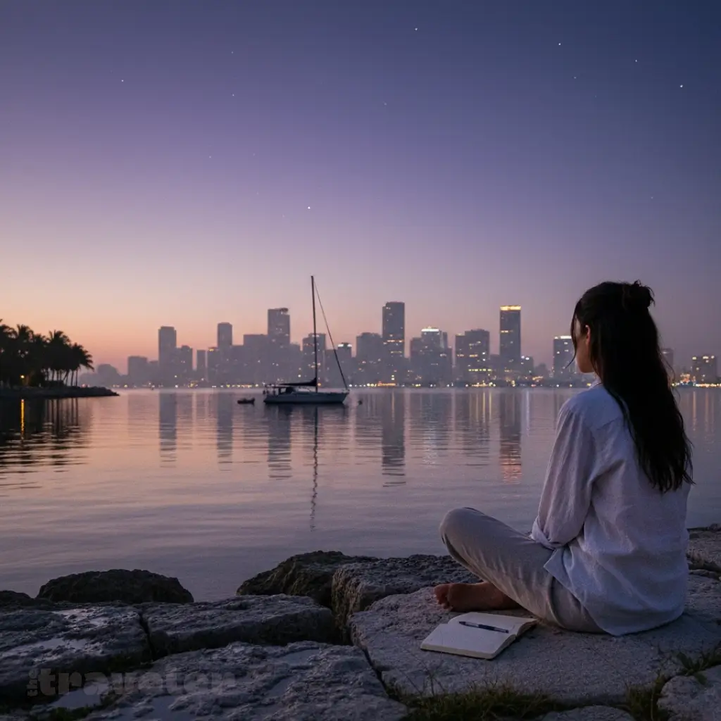 Venetian Islands after sunset, the Miami skyline glowing in still water as warm air and quiet reflections fill the night.