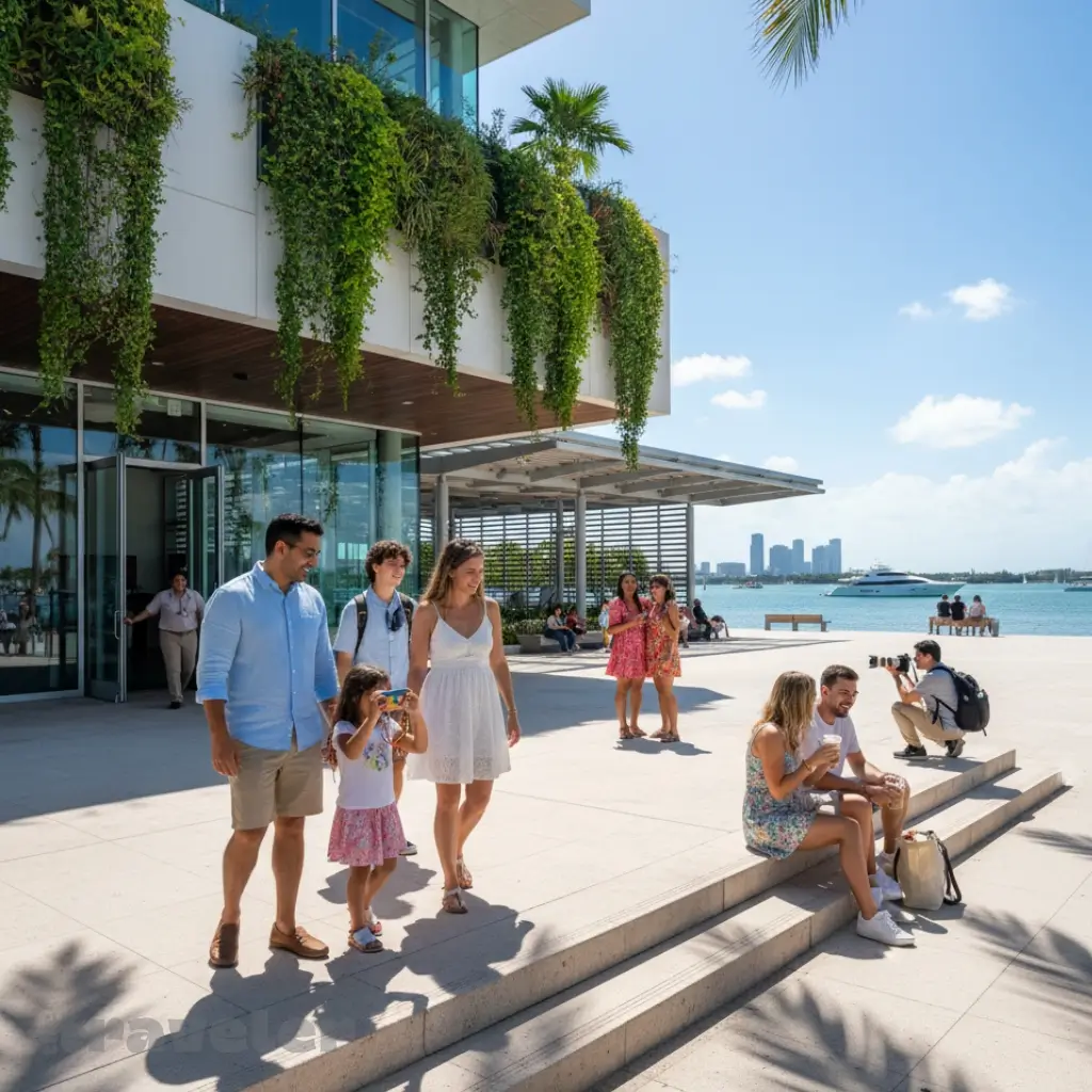 Visitors arrive at Pérez Art Museum Miami on a sunny afternoon with Biscayne Bay and skyline in the background