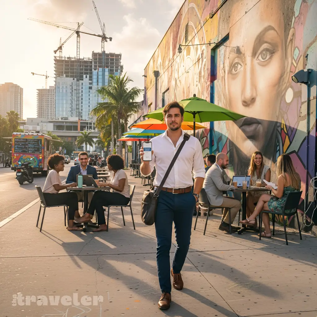 Young professional with laptop bag in Wynwood Miami, passing murals and outdoor workers with laptops