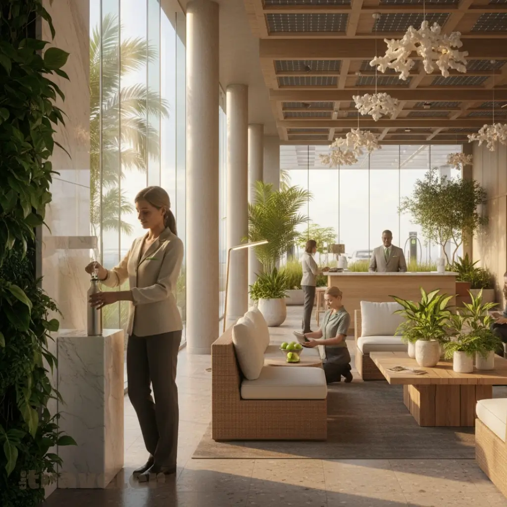 Guests refill bottles and relax in a bright eco-conscious Miami hotel lobby with native plants, solar light, and natural materials.