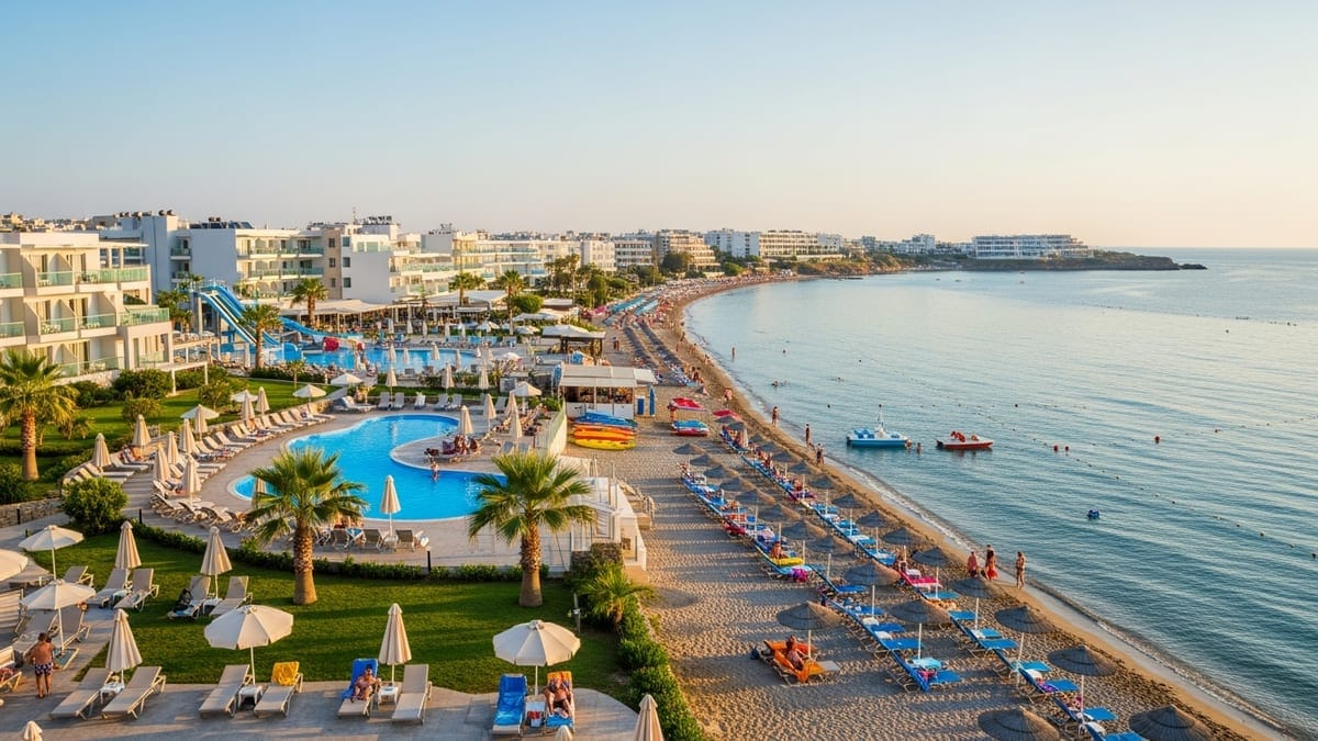 Golden hour view of Faliraki bay, Rhodes, Greece