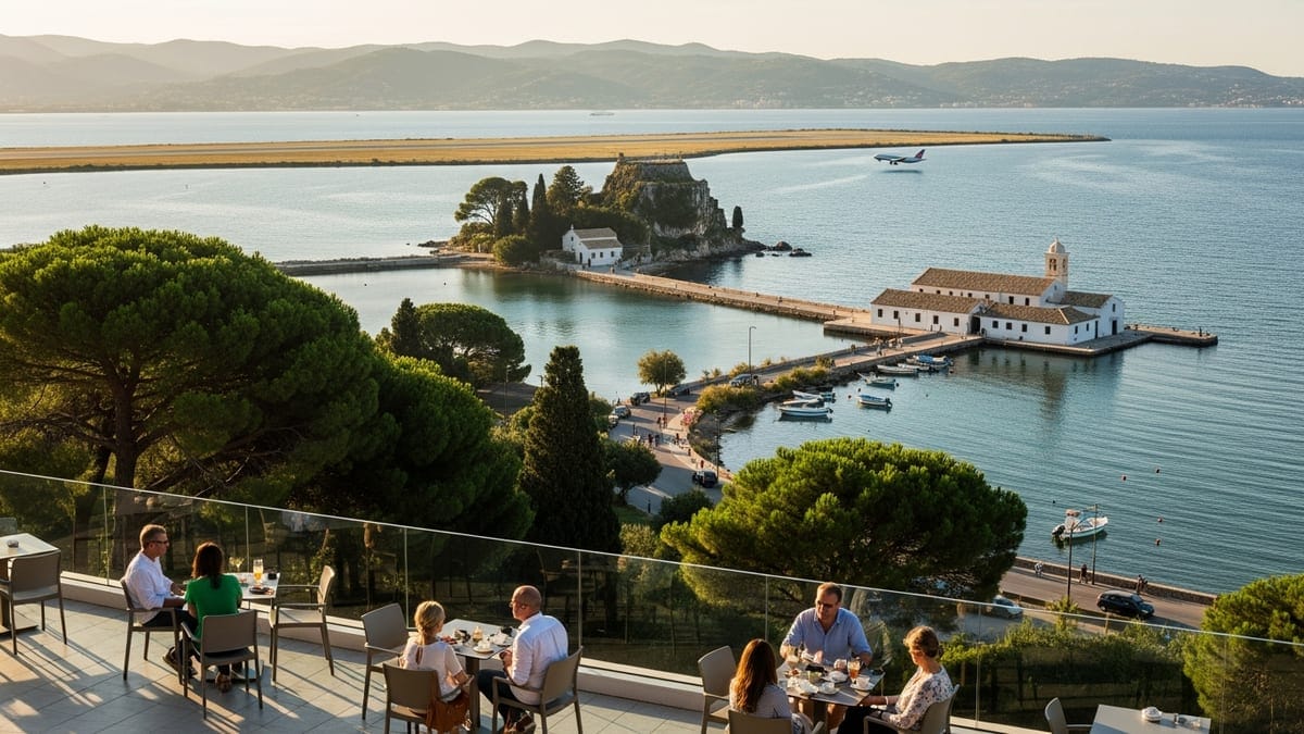 Guests relax on the terrace of Corfu Holiday Palace