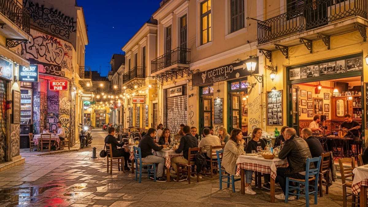 Evening scene in Psiri, Athens with locals dining at street-side tavernas. 