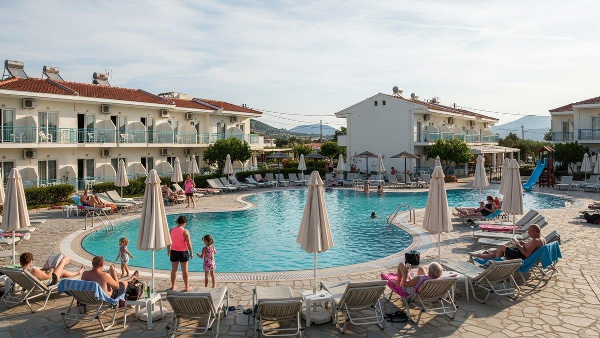 Filoxenia Hotel Zakynthos, Greece, showing guests enjoying the pool area.