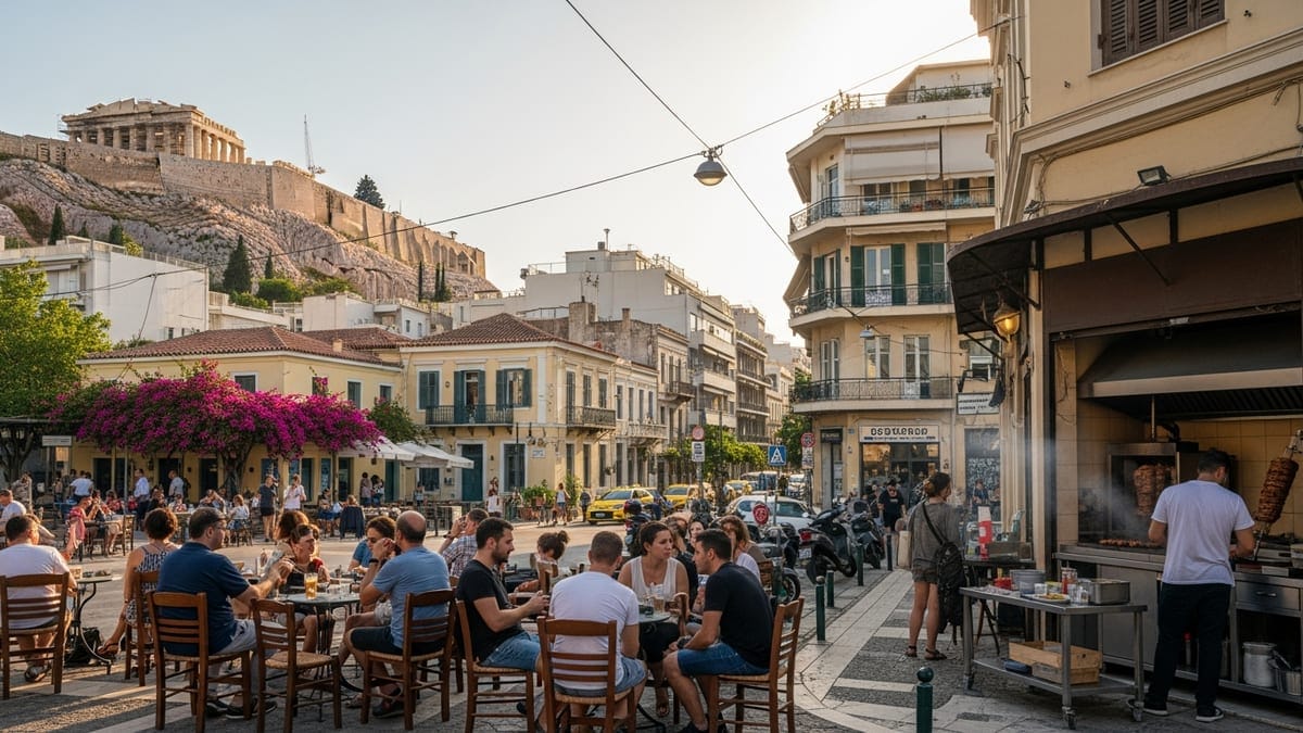 Golden hour in Athens, capturing everyday life against the backdrop of the Acropolis. 