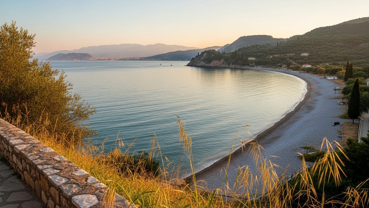 Golden hour view of Corfu's pebble beach