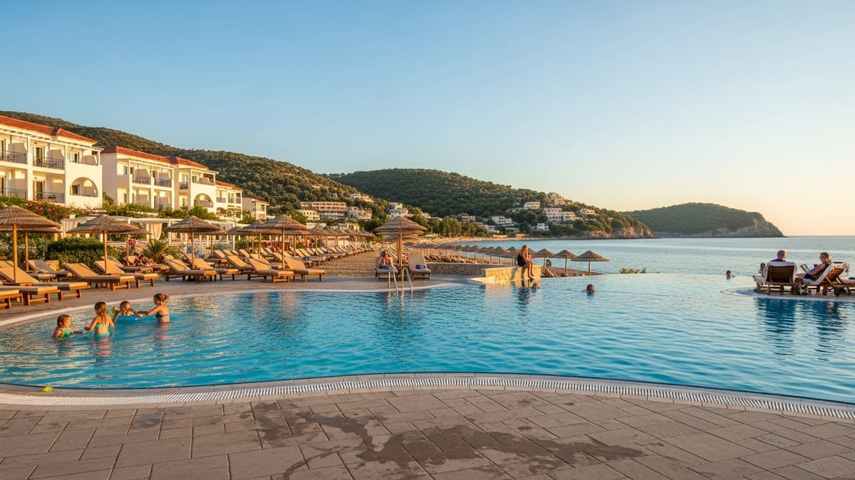 Golden hour at a relaxed all-inclusive beachfront resort in Tsilivi, Zakynthos, Greece. 