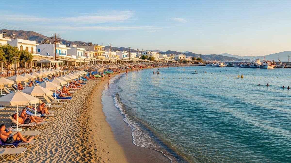 Late afternoon view of Kardamena Beach in Kos, Greece