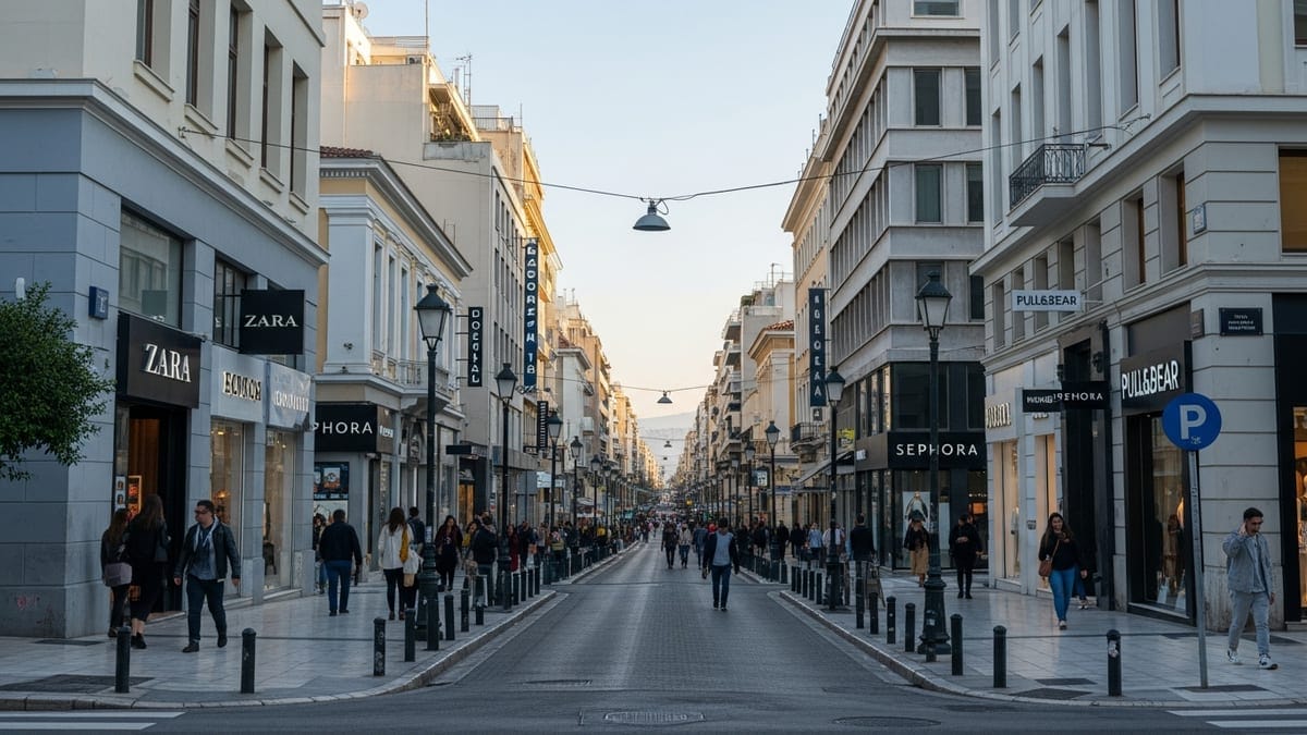 Late-afternoon view of a busy Ermou Street in Athens