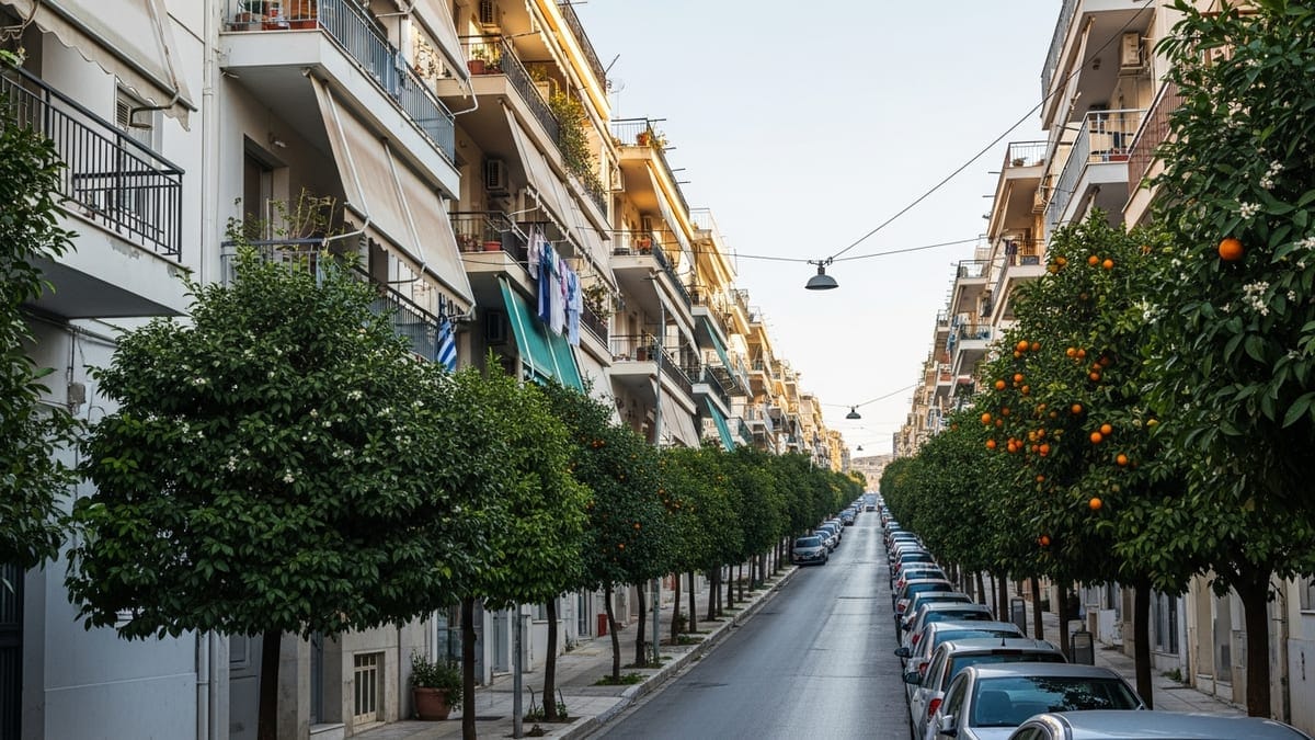 Late afternoon construction scene in Exarchia neighborhood, Athens.