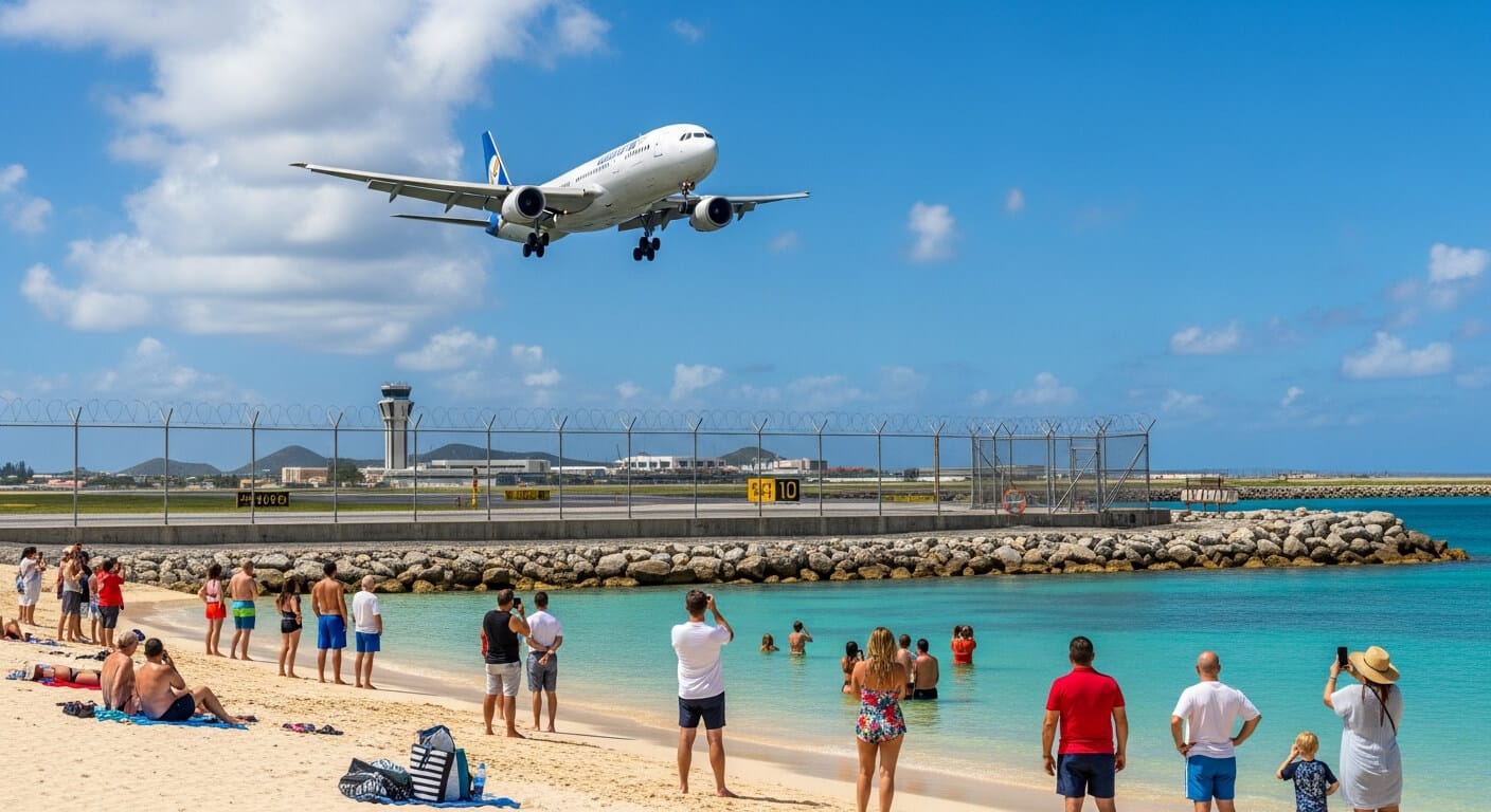 A large commercial jet approaching Princess Juliana International Airport