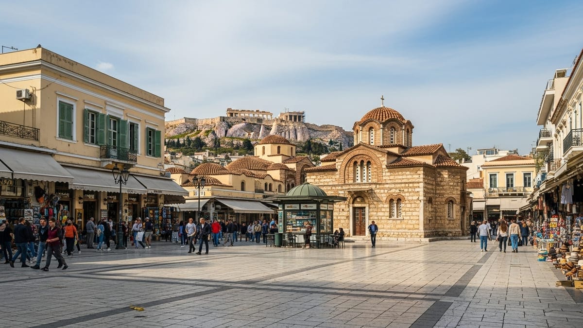 Daytime view of Monastiraki Square, Athens, with Acropolis hill in background. 