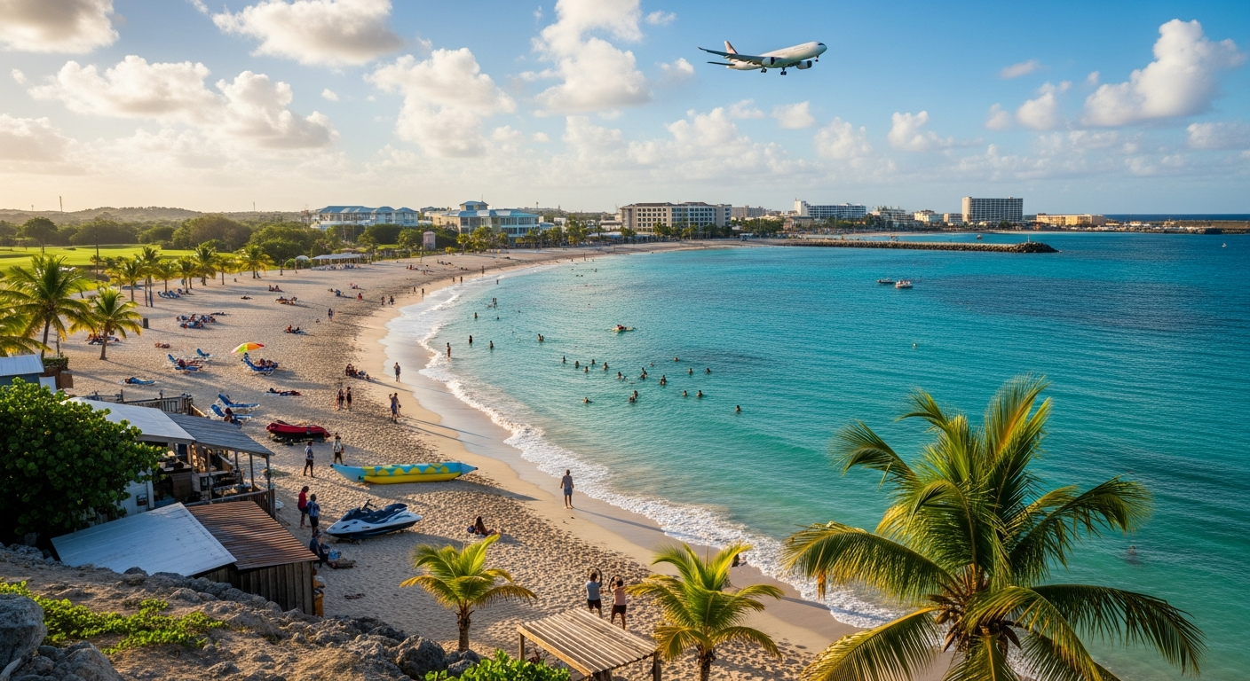 Panoramic view of Mullet Bay Beach and Maho Beach in St Maarten