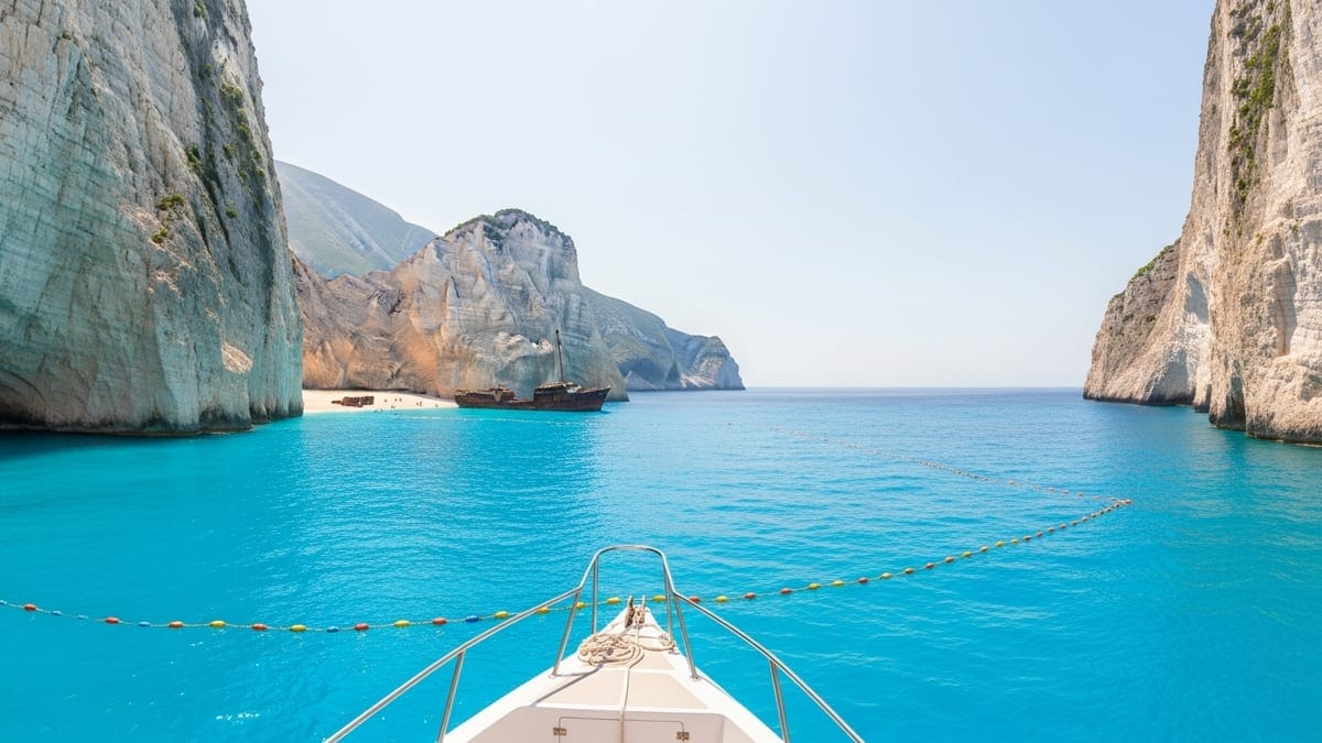 Sightseeing boat viewing MV Panagiotis at Navagio Beach, Zakynthos, Greece. 