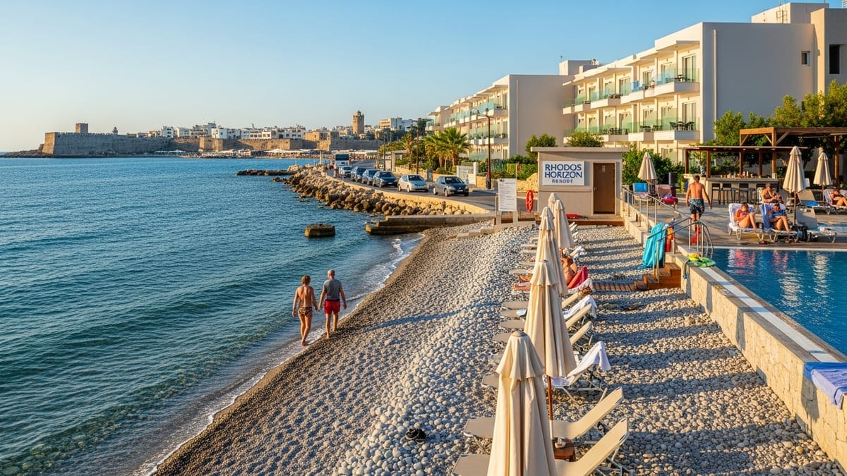beachfront Rhodos Horizon Resort on Rhodes' west coast with the Aegean Sea