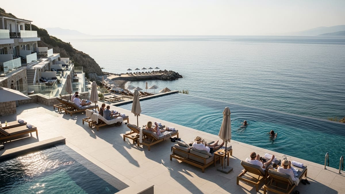 Sunset view of Lesante Blu infinity pool terrace, Zakynthos, Greece.