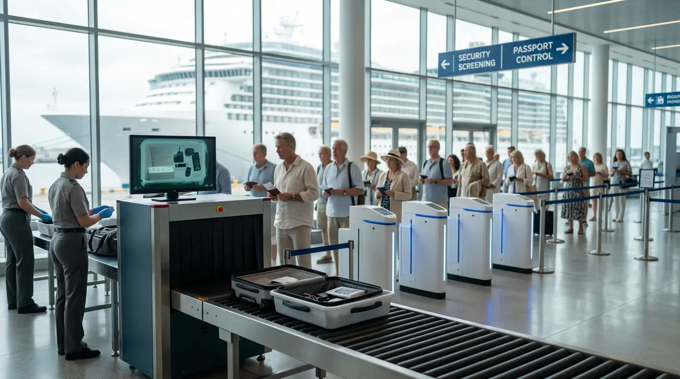 Cruise terminal security screening with carry-on bag at x-ray machine and docked cruise ship visible through glass windows