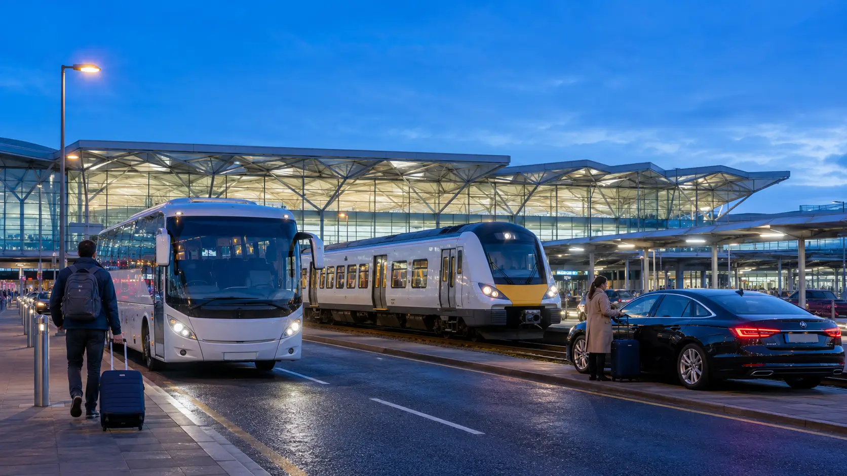 Modern airport coach, express train, and private car