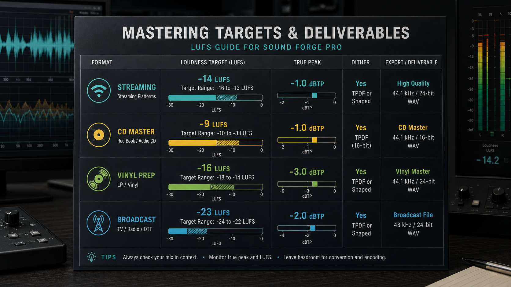 LUFS targets for streaming, CD, vinyl, and broadcast masters